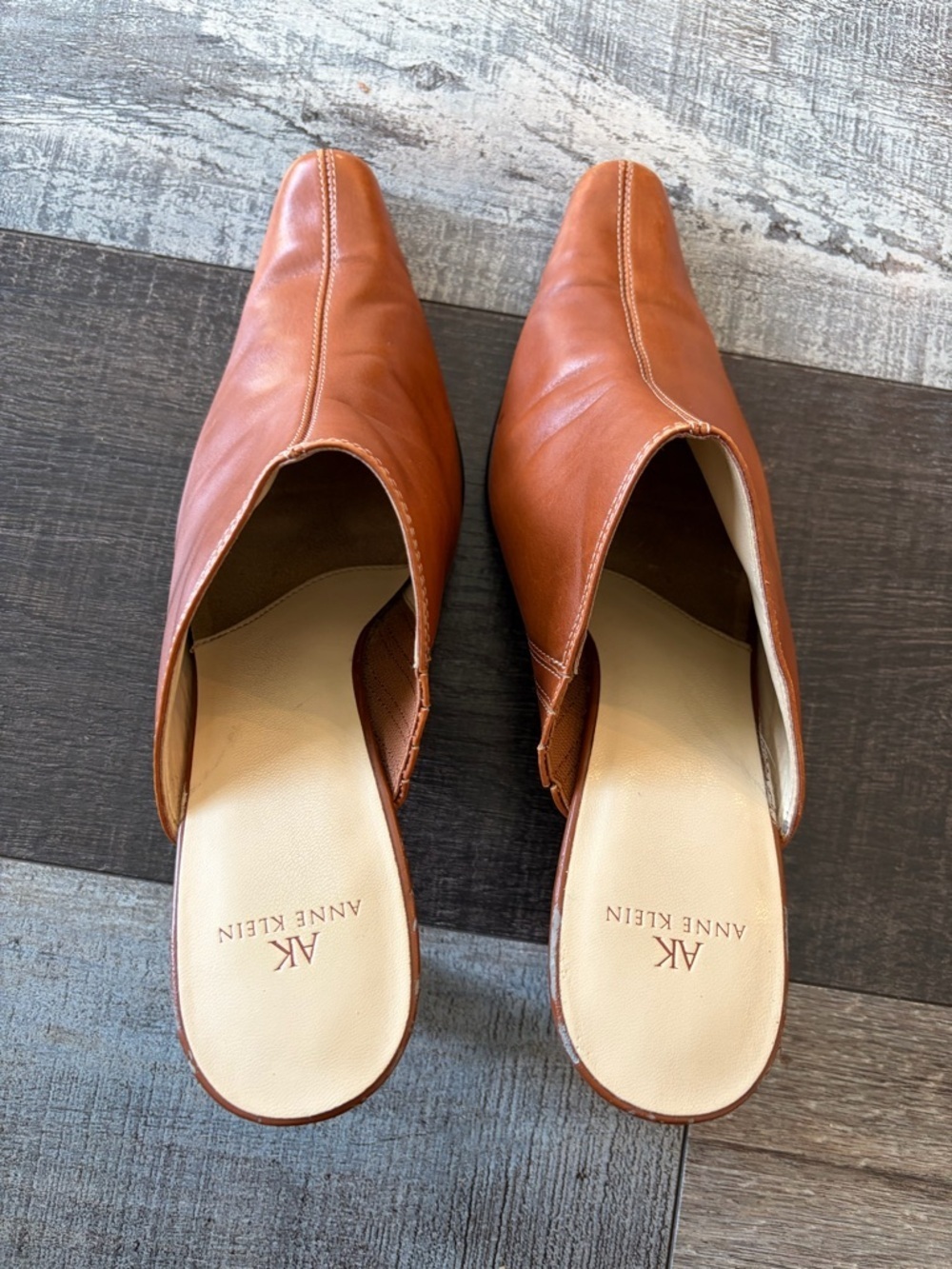 Anne Klein Leather Mule Heels Brown Square Toe Slip On Size 8.5 - Picture 2 of 8